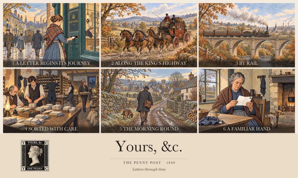 Six scenes from a Penny Post letter’s journey: posting, mail coach, railway, sorting, delivery round and receipt
