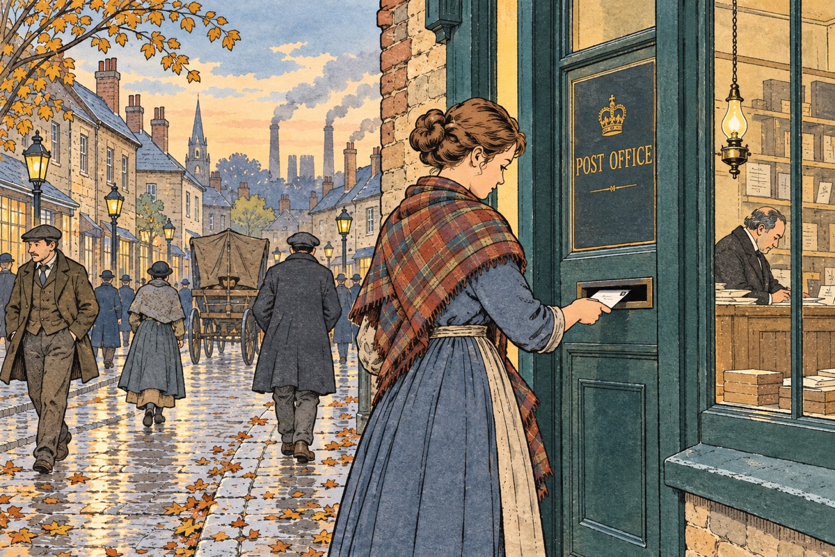 A woman posting a letter at a Victorian post office