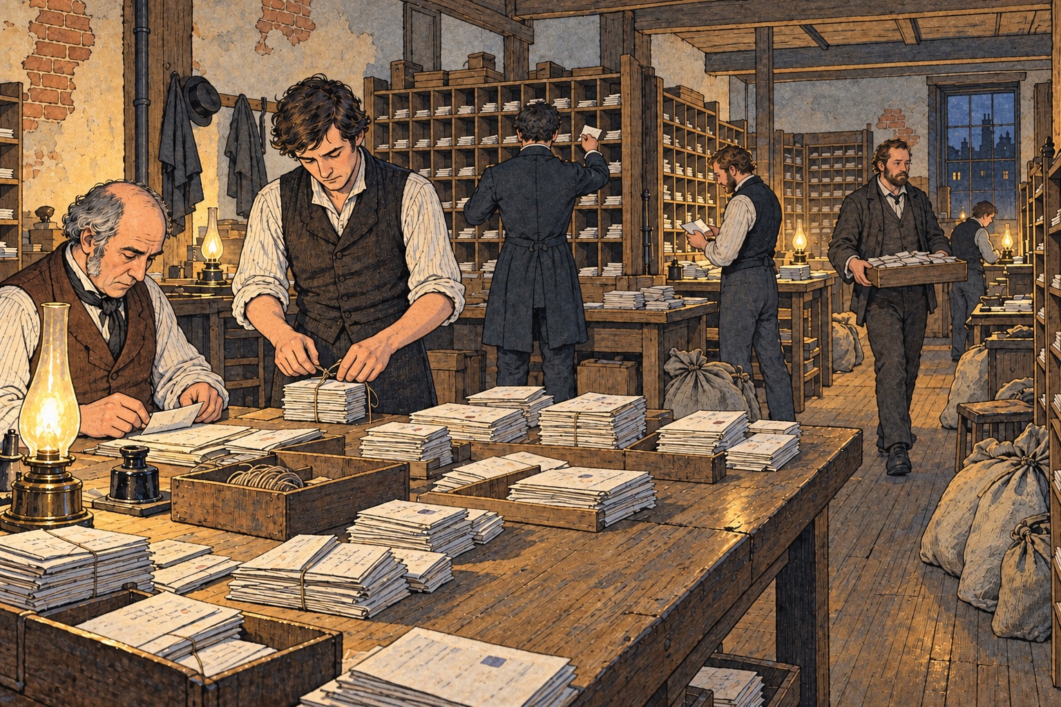 Postal clerks sorting letters